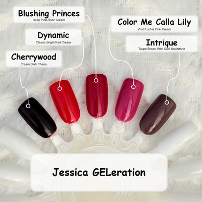 Jessica GELeration gel polish swatches showing five top-selling shades – Cherrywood (Cream Dark Cherry), Dynamic (Classic Bright Red Cream), Blushing Princess (Deep Pink-Rose Cream), Color Me Calla Lily (Vivid Fuchsia Pink Cream), and Intrique (Taupe Brown With Cool Undertone) on a white textured background.